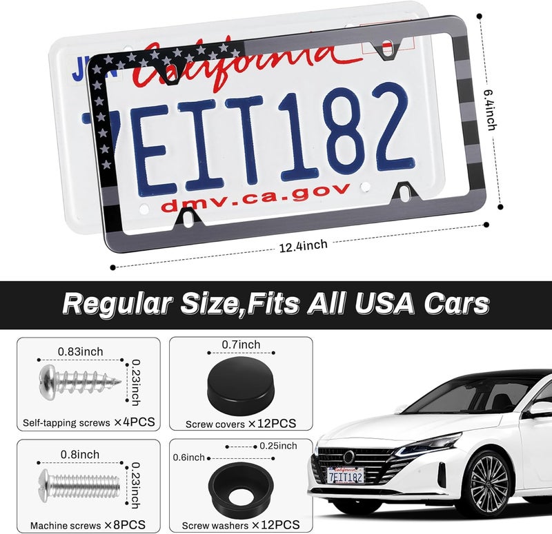 alpmosn 2PCS Stainless Steel License Plate Frames, 4 Holes Car Licence Plate Covers with Screws Washers and Caps, Car Exterior Accessories, License Plate Holder for US Vehicles (Black Flag) - Image 2